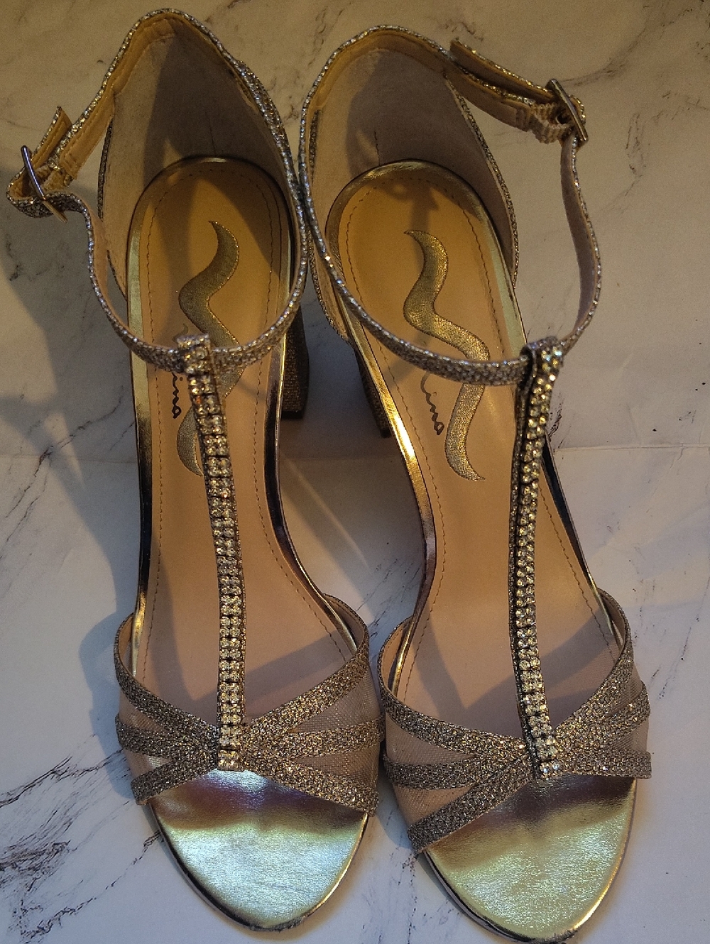 Nina Gold T-Strap Rhinestone Dress Heels
